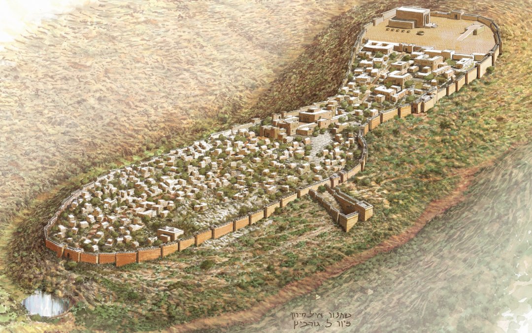 Fig. 3: Reconstruction of Jerusalem in the late 10th century BCE, by Eyal Meiron.[9] (Drawing by Leonardo Gurevich. Courtesy of the Elad Foundation and Megalim Institute.)