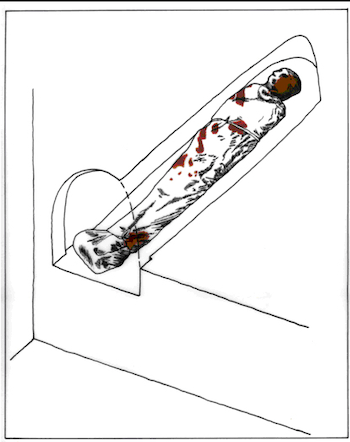 Picture kindly provided by Shimon Gibson: “Reconstruction of the burial in the Akeldama shrouds found in Hinnom Valley, Jerusalem”, drawing by Fadi Amirah ©, courtesy of the Jerusalem Archaeological Unit, published by Joe Zias. 2002. “The Shroud Mystery”. Approfondimento Sindone 6: 57.