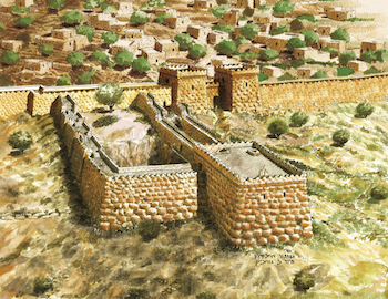 Fig. 1: Reconstruction of the Gihon Spring fortification system, by Eyal Meiron.[2] (Drawing by Leonardo Gurevich. Courtesy of Elad Foundation and Megalim Institute.)